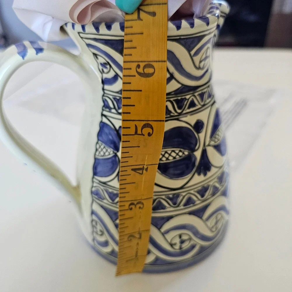 L.AR.CE. Orvieto Italian Pottery Pitcher Blue White Hand Painted Majolica 6.5